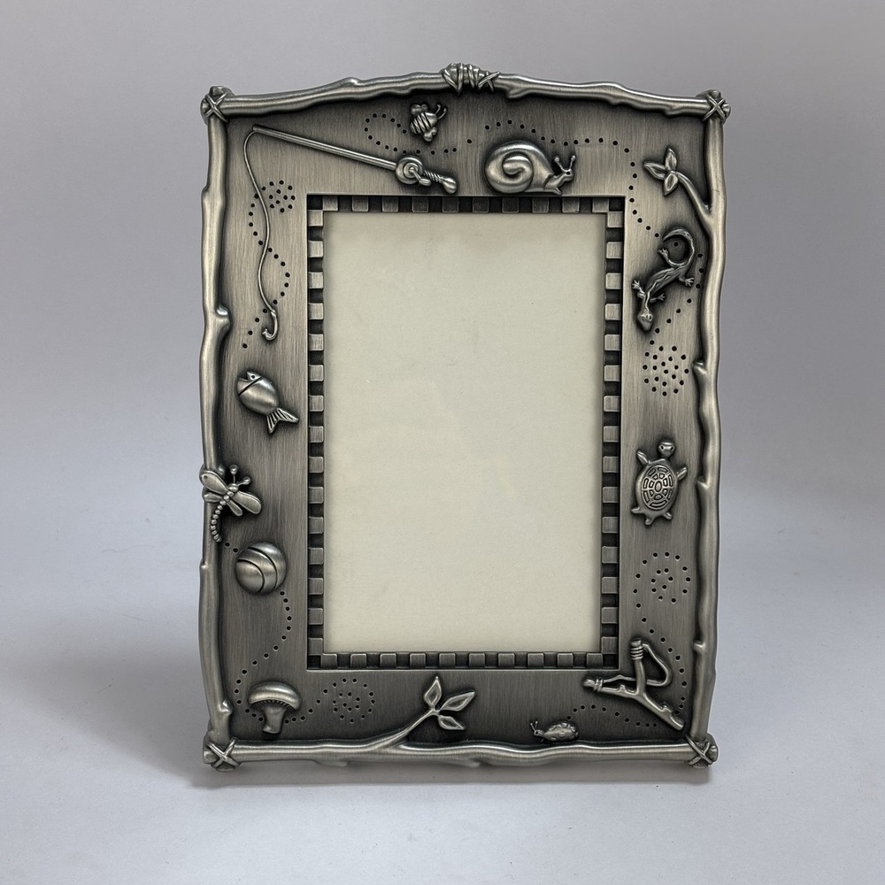 Burnes Of Boston Picture Frame Pewter Boys Outdoor Fishing Snail Lizard